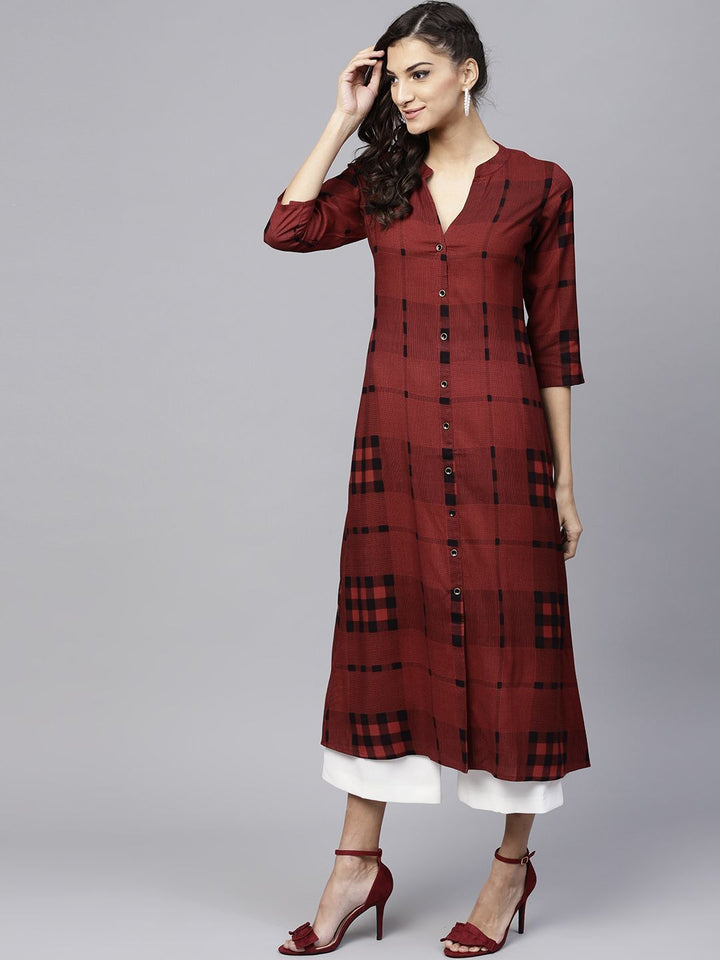 Gerua By Libas Women Maroon  Black Checked A-Line Kurta