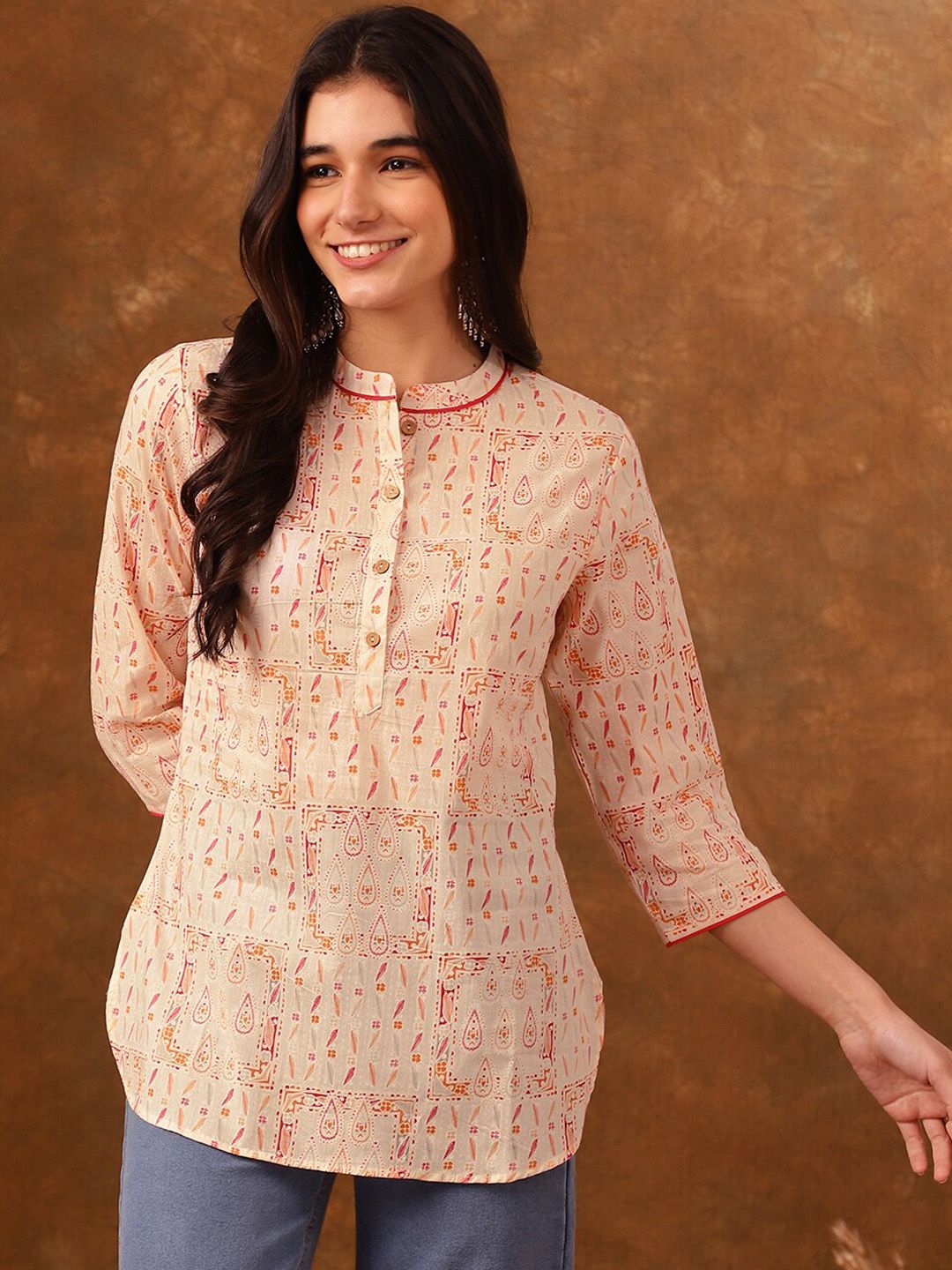 Anouk Ethnic Motif Printed Mandarin Collar Three-Quarter Sleeves Cotton Short Kurti