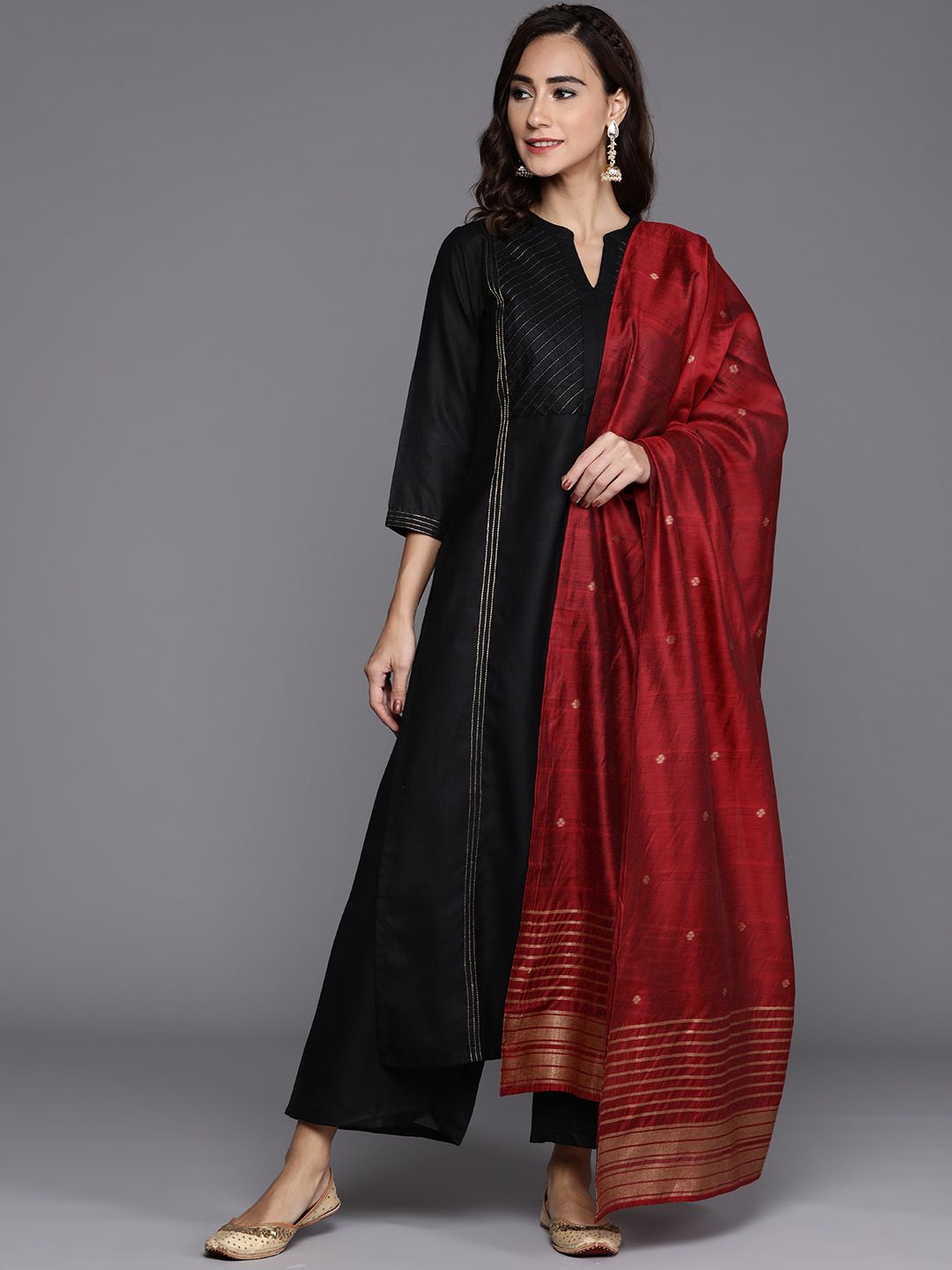 Libas Women Black Pure Cotton Yoke Design Panelled Kurta with Palazzos & Dupatta