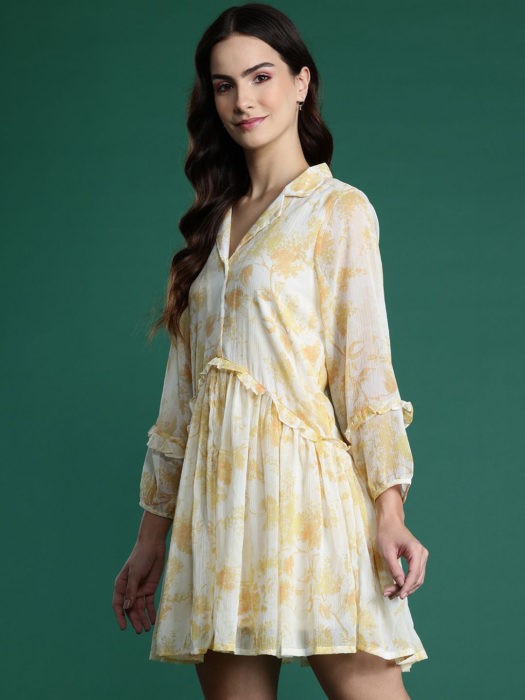 DressBerry Floral Print Puff Sleeve Ruffled A-Line Mini Dress