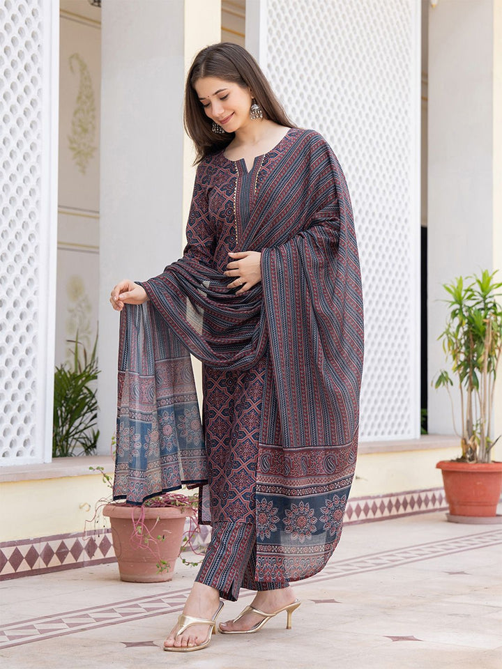 KALINI Ethnic Motifs Printed Regular Gotta Patti Straight Kurta with Trousers & Dupatta