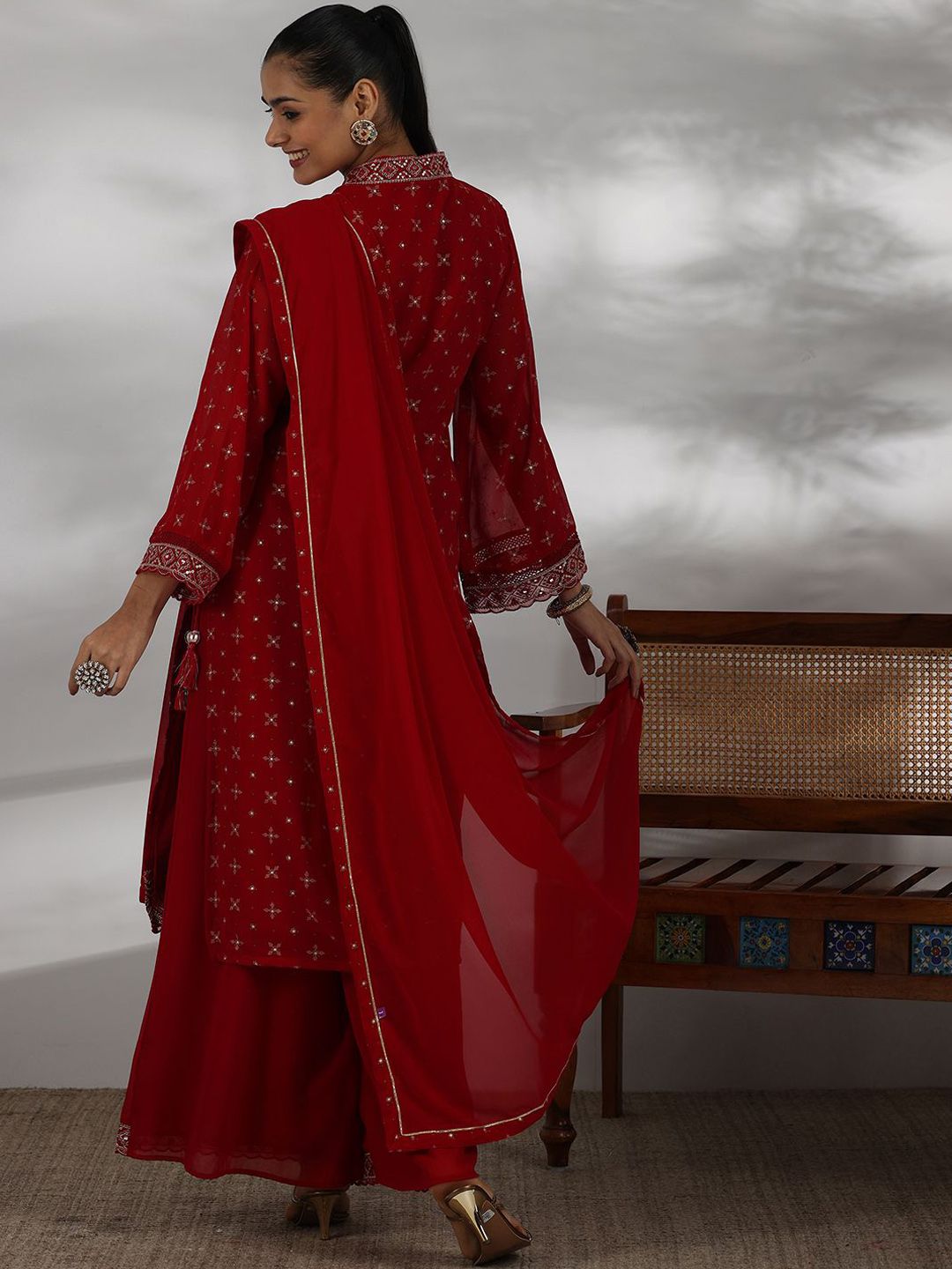 Libas Women Ethnic Motifs Printed Regular Mirror Work Kurta with Palazzos & With Dupatta