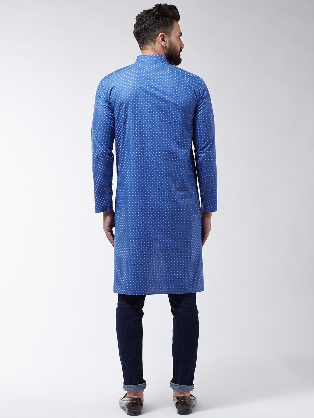 SOJANYA Lelaki Blue Printed Cotton Linen Kurta Lurus