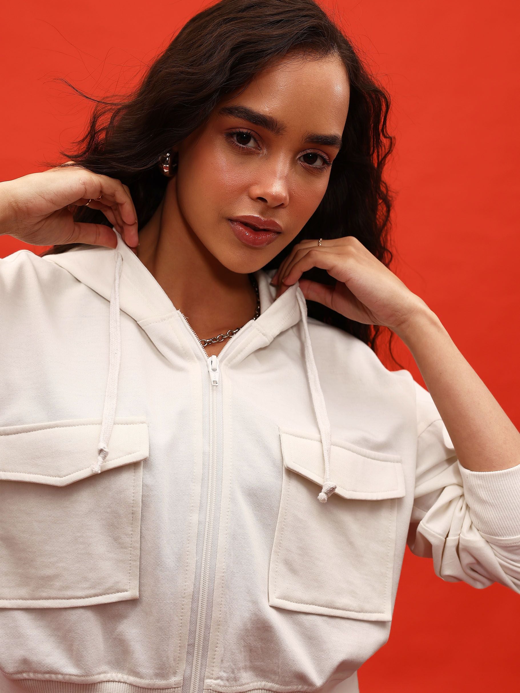 DressBerry Hooded Drop-Shoulder Sleeve Crop Sweatshirt