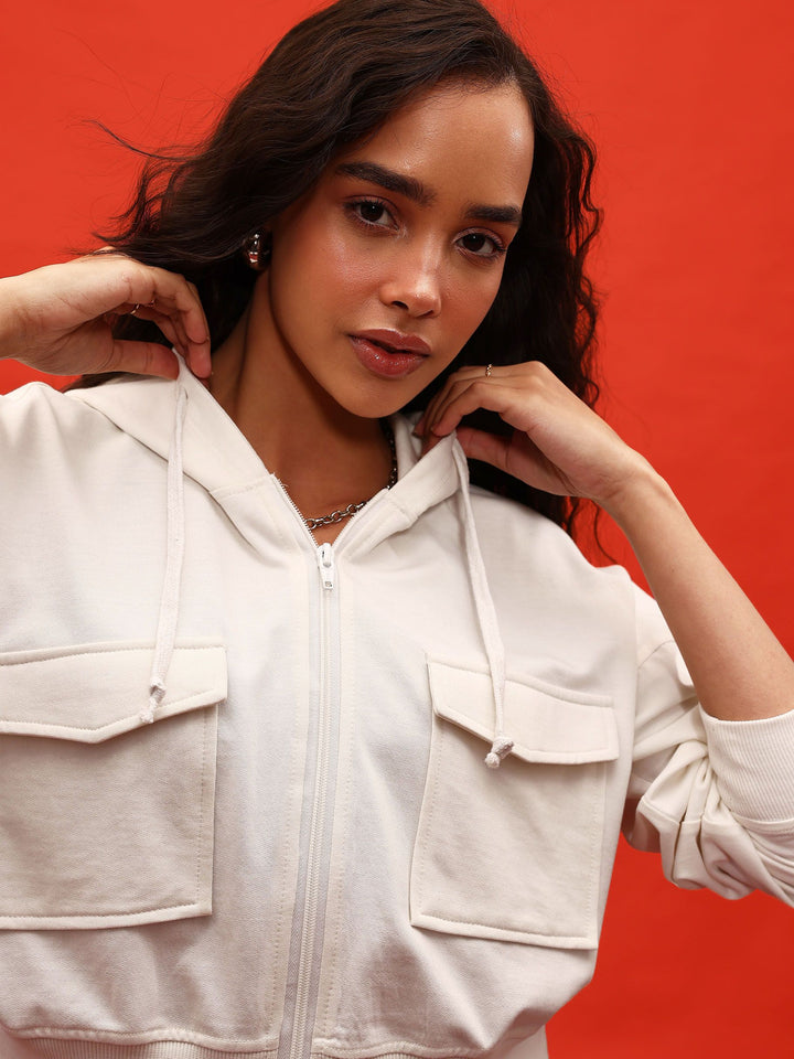 DressBerry Hooded Drop-Shoulder Sleeve Crop Sweatshirt