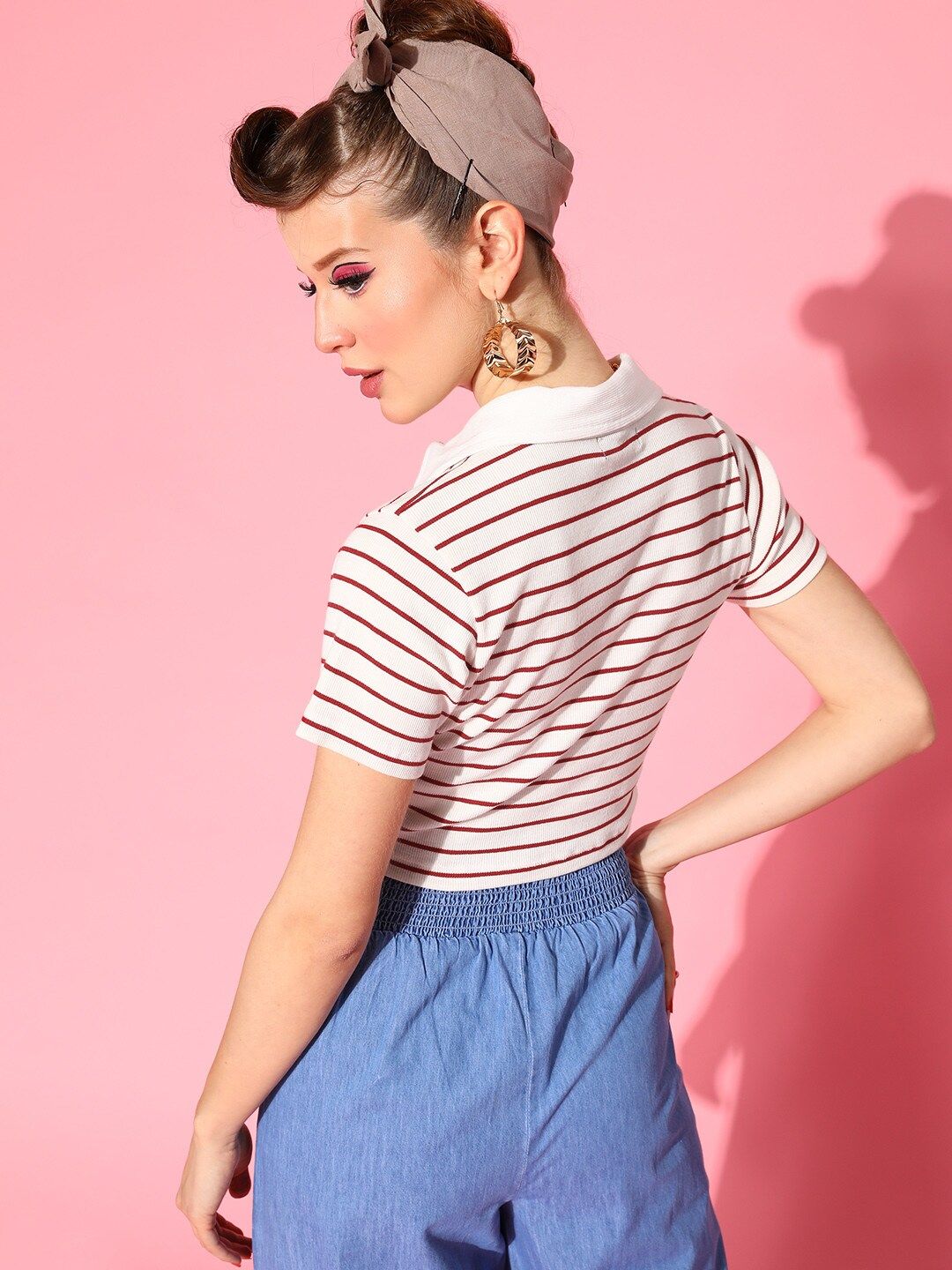 SASSAFRAS Women Gorgeous Red Striped New Neckline Tshirt