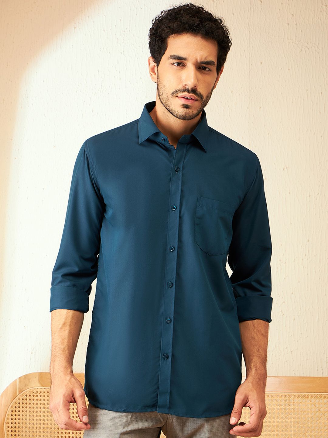 DENNISON Men Teal Blue Classic Regular Fit Solid Formal Shirt