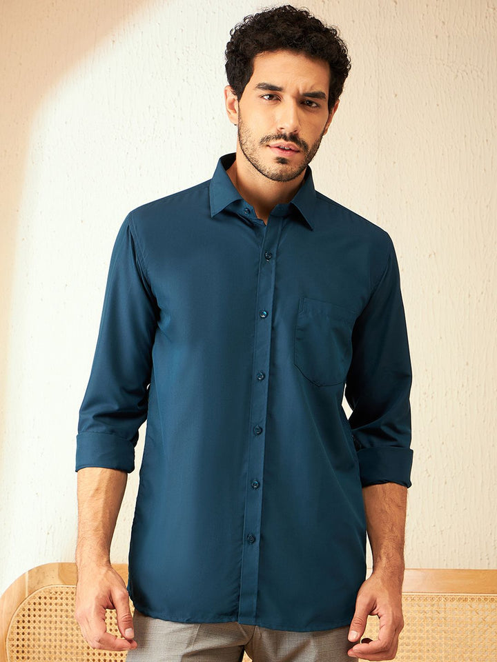 DENNISON Men Teal Blue Classic Regular Fit Solid Formal Shirt