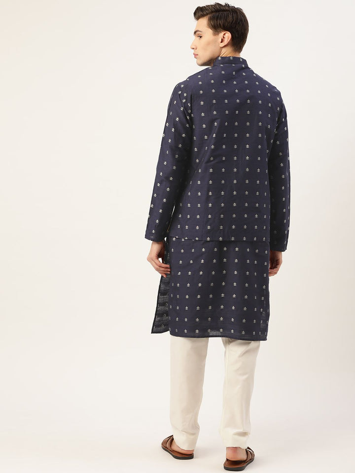SOJANYA Men Navy Self Design Kurta with Churidar & Nehru Jacket