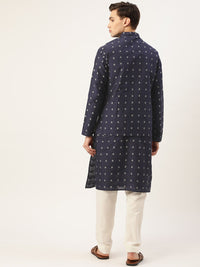 SOJANYA Men Navy Self Design Kurta with Churidar & Nehru Jacket