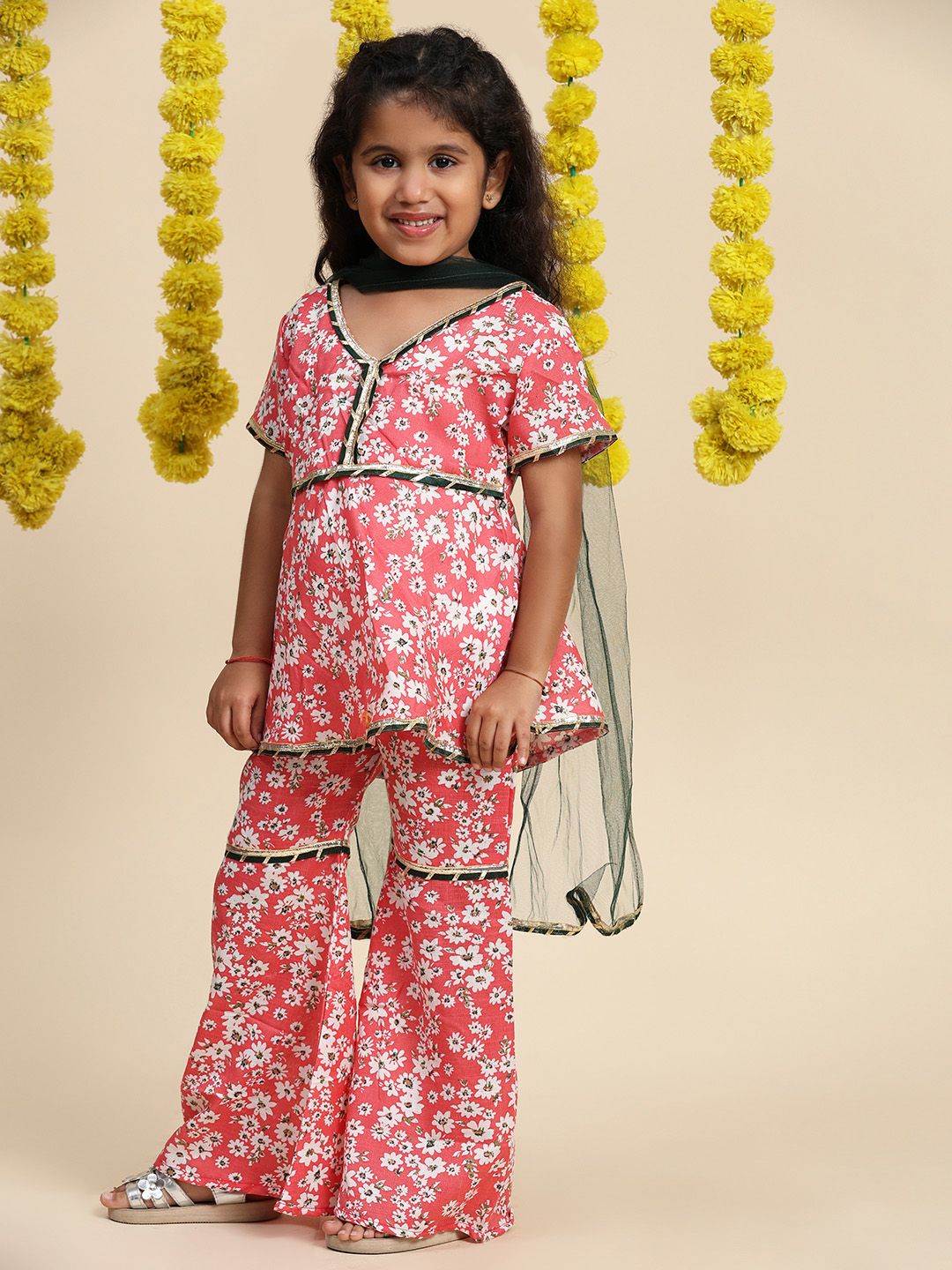 Cutiekins Girls Floral Printed Empire Gotta Patti A-Line Kurti with Sharara & Dupatta