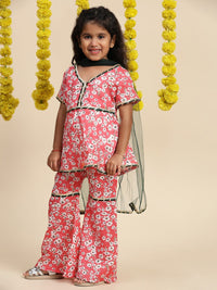 Cutiekins Girls Floral Printed Empire Gotta Patti A-Line Kurti with Sharara & Dupatta