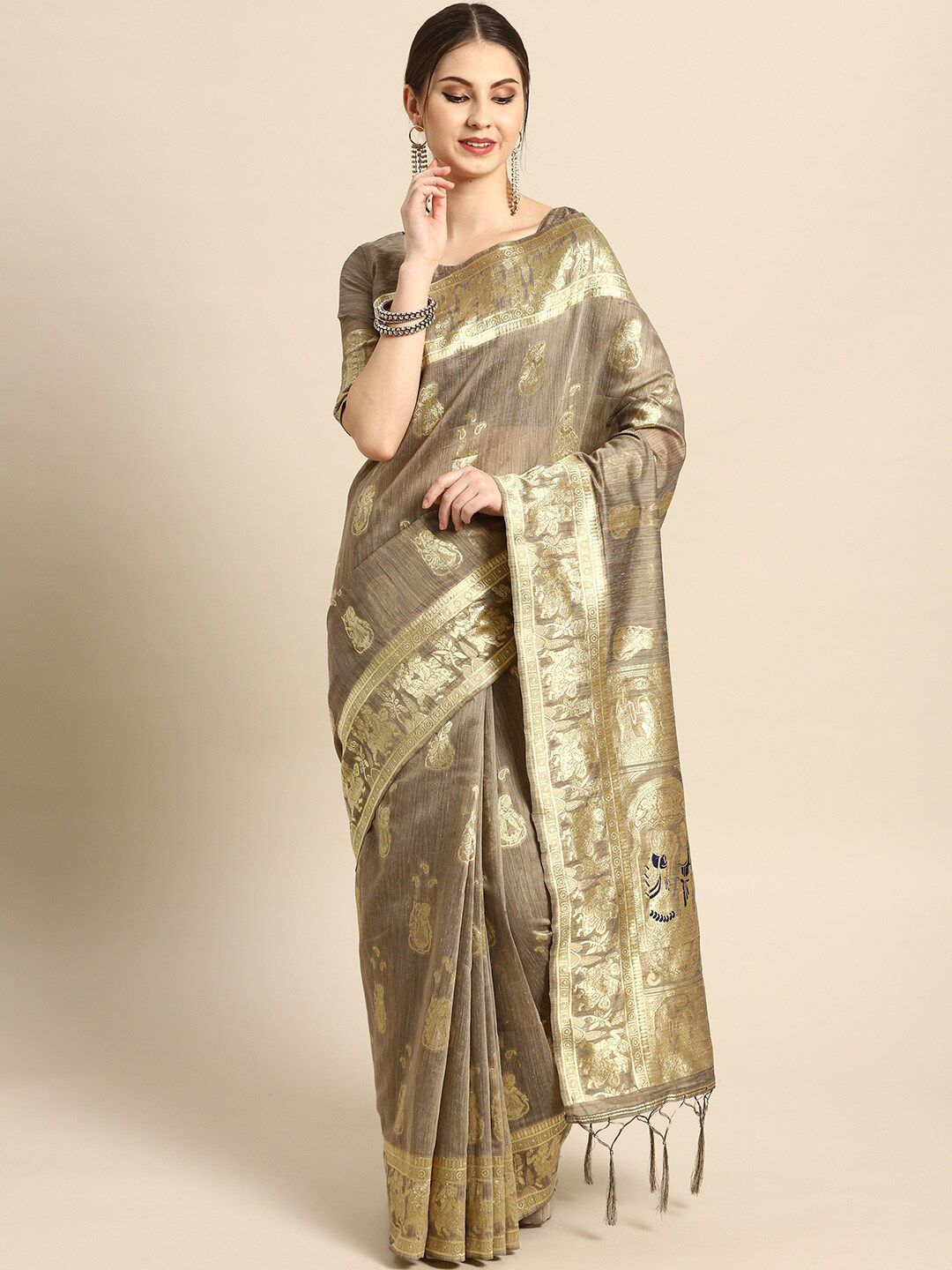 Saree mall Brown Woven Design Silk Blend Sarees