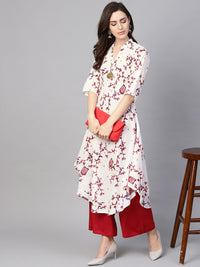 SOJANYA Wanita Sangkar Putih & Merah Cetak Kurta A-Line