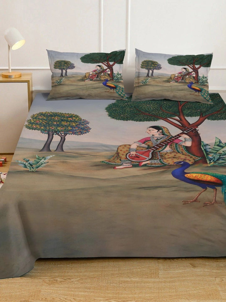 Moda Rapido X KLOTTHE Brown & Green Ethnic Motifs 400 TC King Bedsheet with 2 Pillow Covers