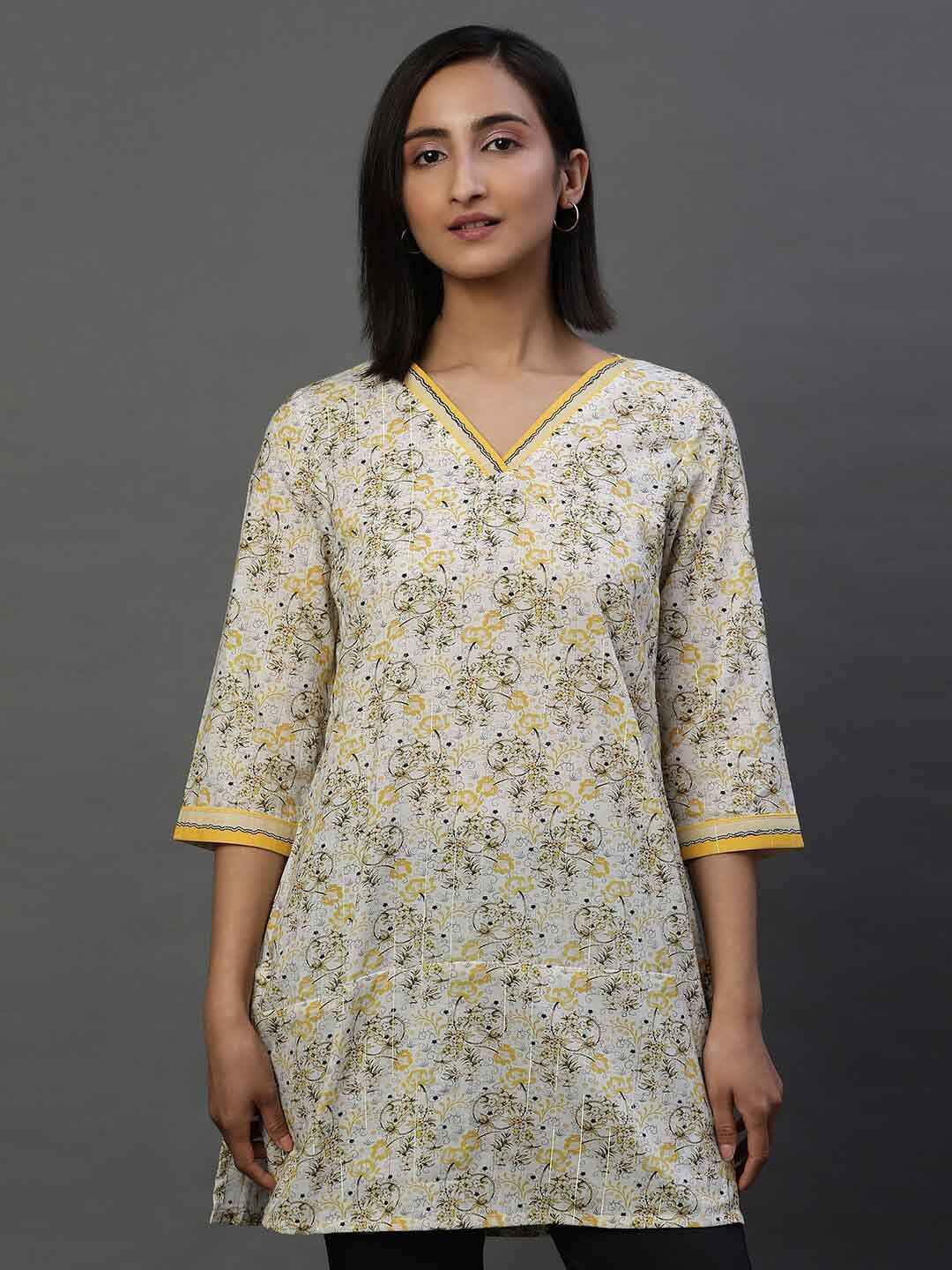 AURELIA Floral Printed V-Neck Pure Cotton Straight Kurti