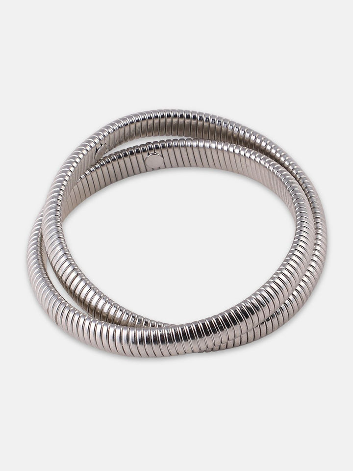 Gelang gaya bergaya bergelombang ribbed-gulung wanita perak