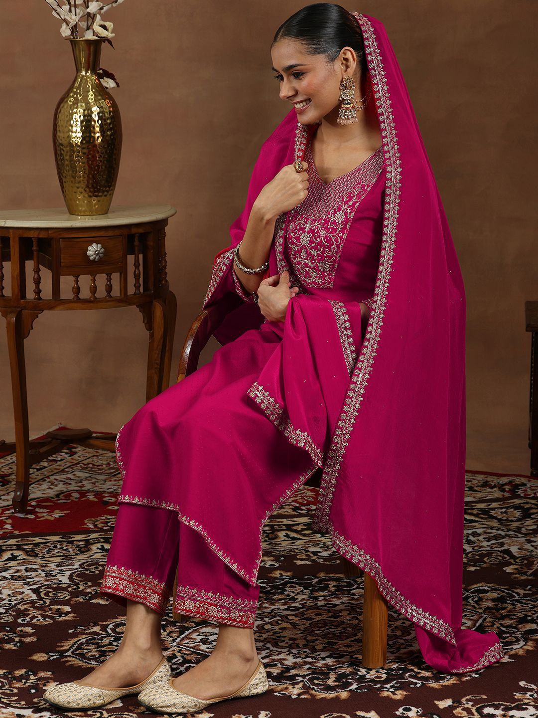 Libas Floral Embroidered Kurta With Trousers & Dupatta