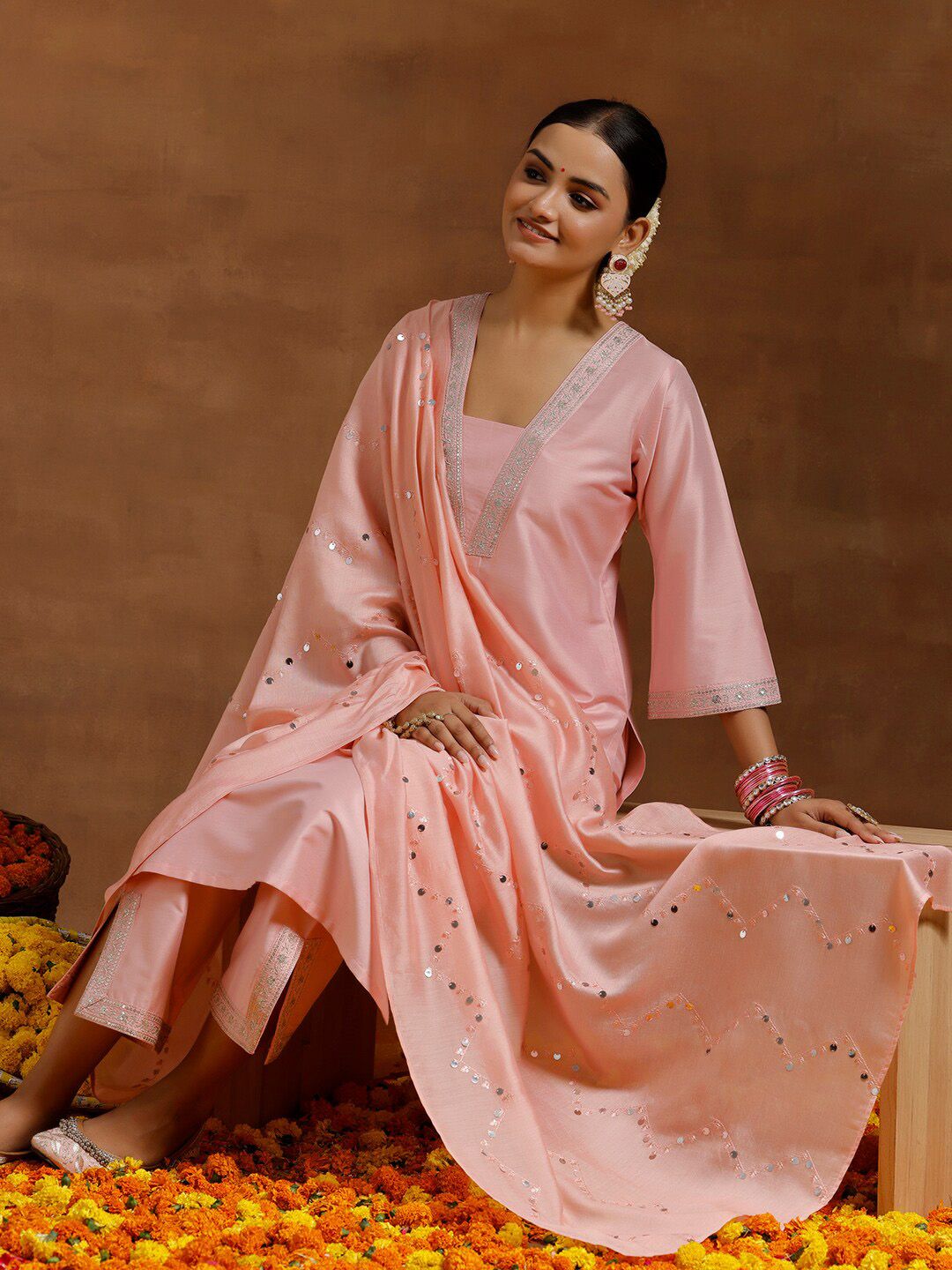 Libas Floral Yoke Design Sequinned Straight Kurta With Trousers & Dupatta