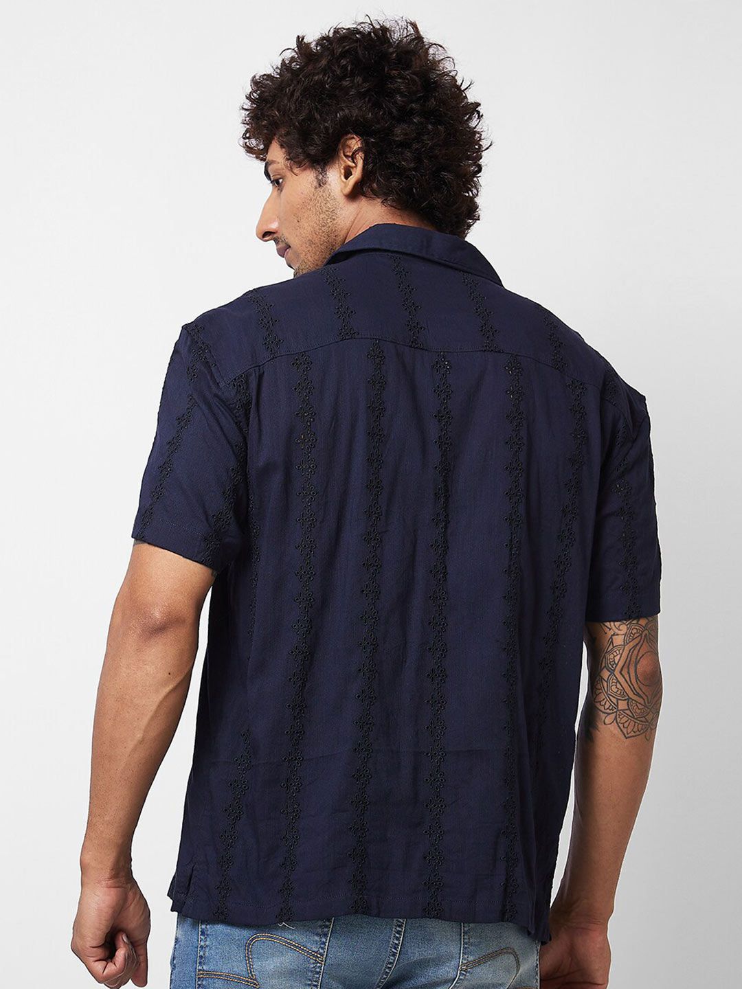 SPYKAR Floral Embroidered Cuban Collar Cotton Casual Shirt
