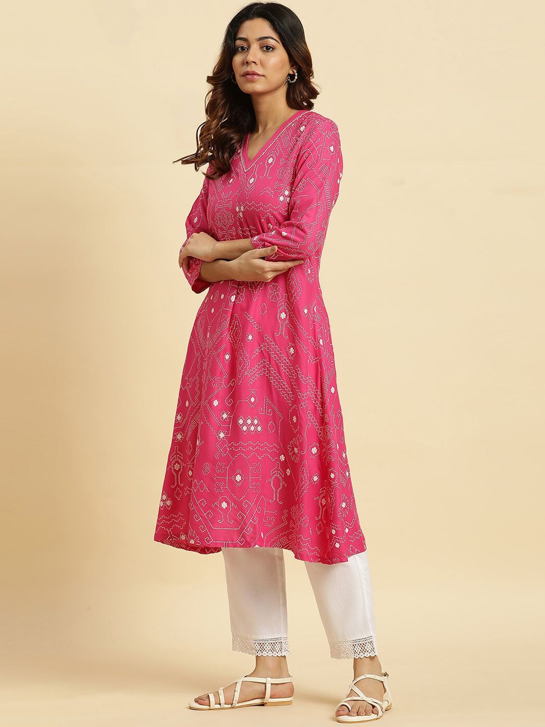 W Ethnic Motifs Printed V-Neck Straight Kurta