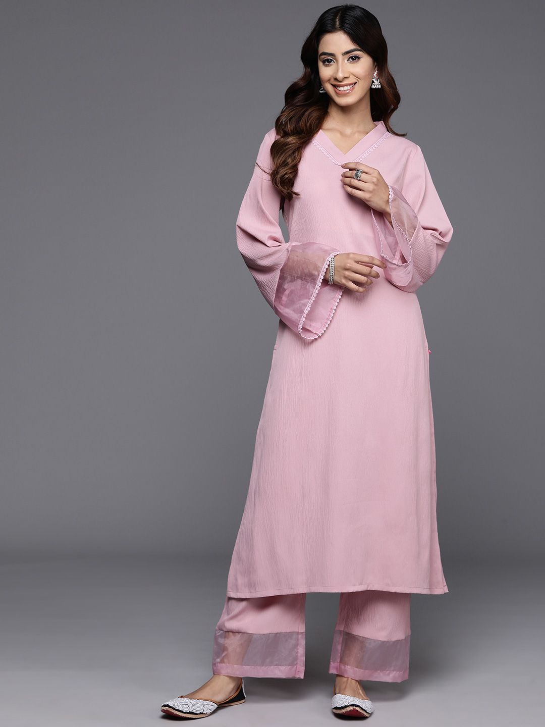 Varanga Pink Flared Sleeve Organza detailed Solid Kurta & Palazzo