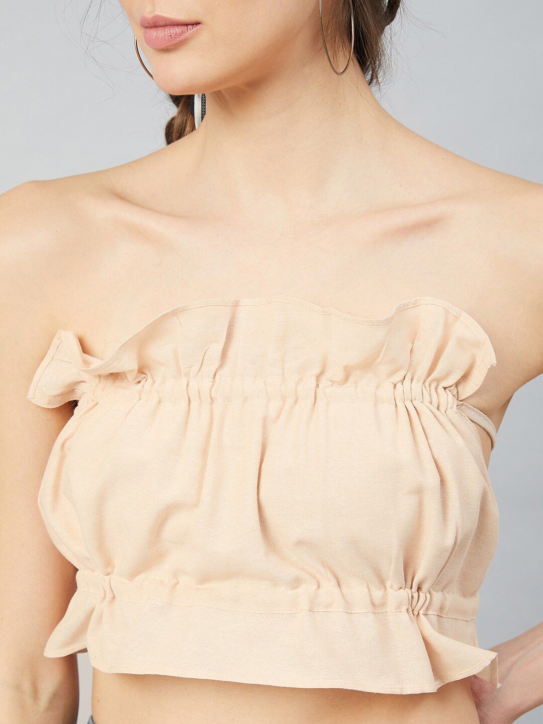 Athena Women Beige Ruched Tube Crop Top