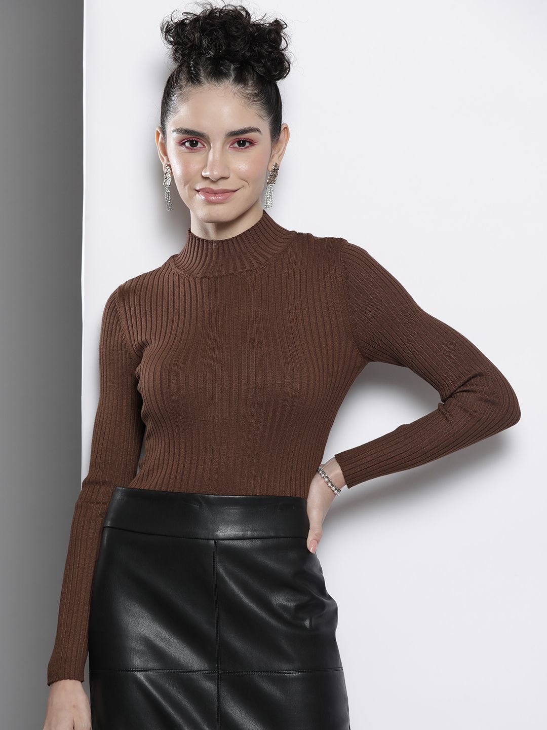 SASSAFRAS Women Brown High Neck Acrylic Pullover