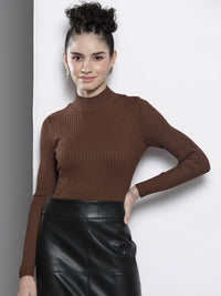 SASSAFRAS Women Brown High Neck Acrylic Pullover