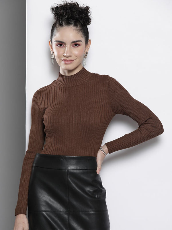 Sassafras wanita coklat pullover akrilik leher tinggi