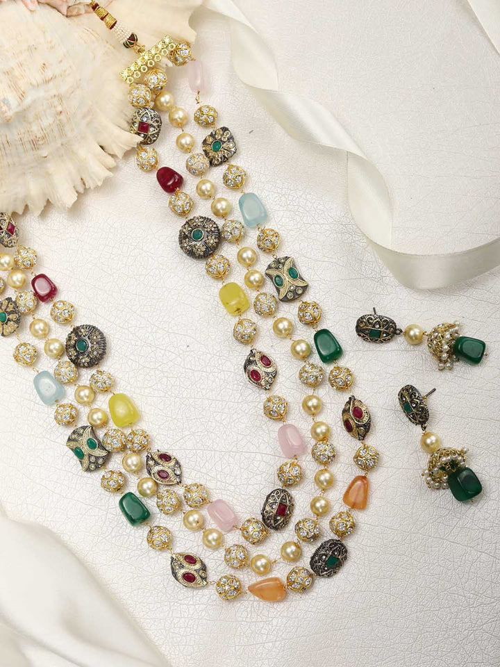 Priyaasi Gold-Plated Kundan-Studded & Pearl-Beaded Tripal-Stranded Handcrafted Jewellery Set