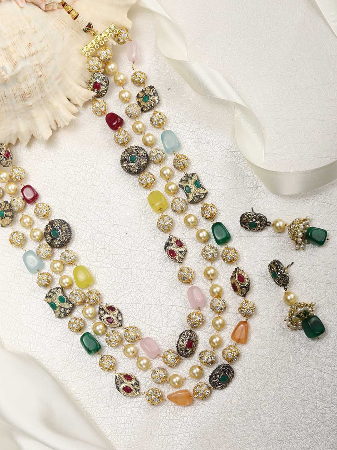 Priyaasi Gold-Plated Kundan-Studded & Pearl-Beaded Tripal-Stranded Handcrafted Jewellery Set