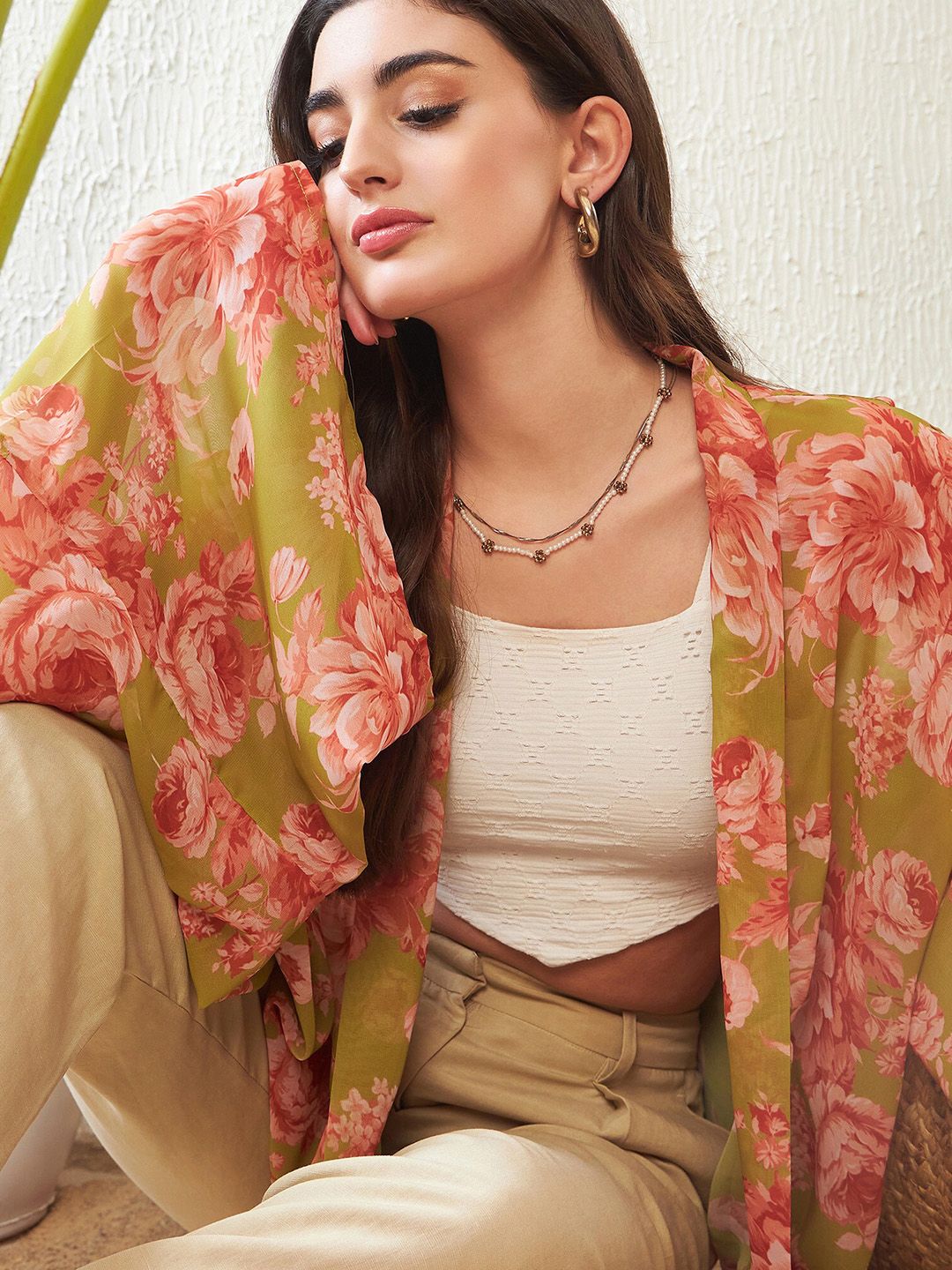SASSAFRAS Green Floral Printed Kimono Shrug