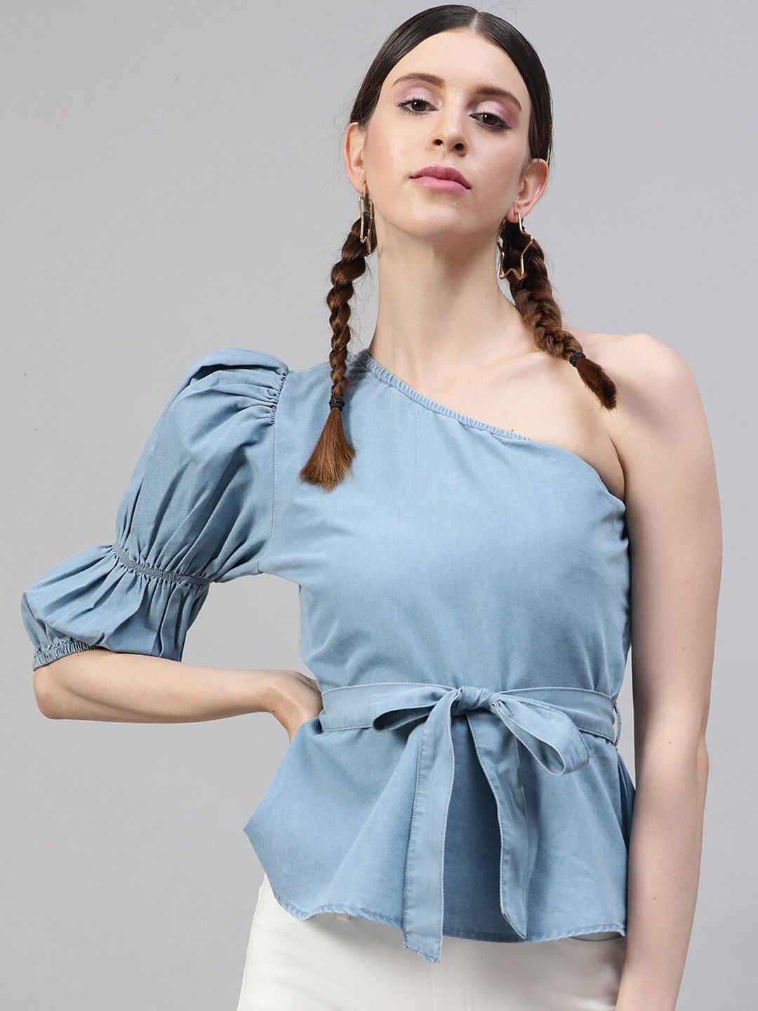 STREET 9 Blue Solid One Shoulder Indigo Denim Regular Top With Belt