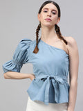 STREET 9 Blue Solid One Shoulder Indigo Denim Regular Top With Belt