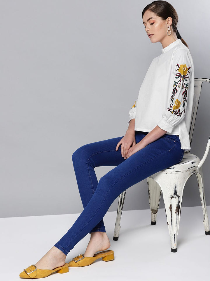 STREET 9 Women White Embroidered Detail Pure Cotton Top