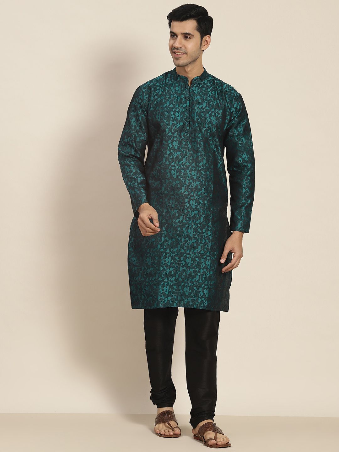 SOJANYA Men Teal Green & Black Jacquard Kurta