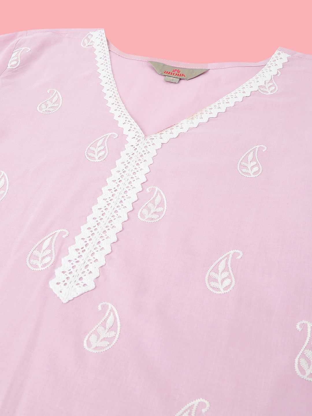 Anouk Pink Paisley Embroidered V-Neck Pure Cotton Straight Kurta with Trousers & Dupatta