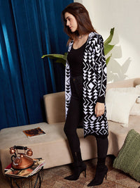 Berrylush Black & White Geometric Printed Hooded Longline Front Open Sweater