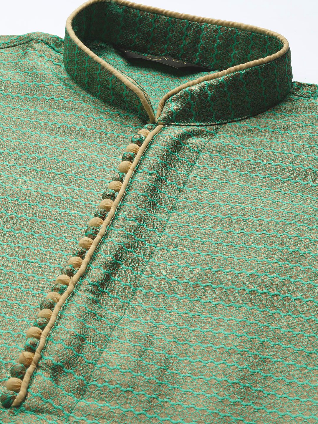 SOJANYA Men Green & Golden Woven Design Kurta Lurus