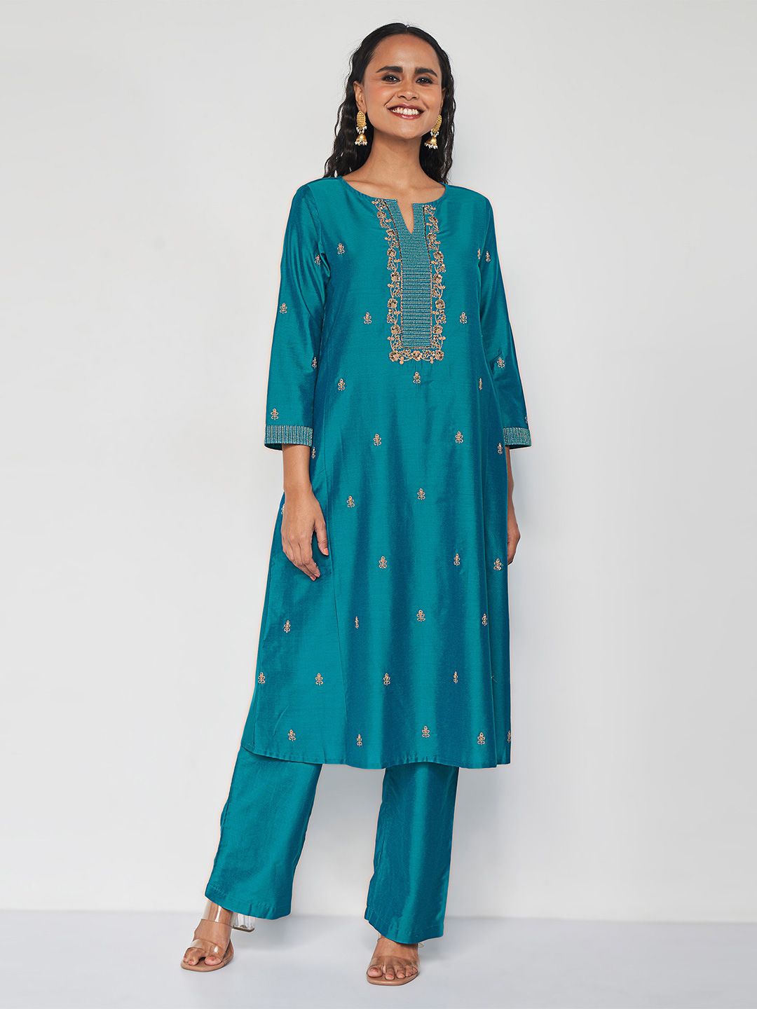 Global Desi Floral Embroidered Thread Work Detail A-Line Kurta with Trousers