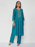 Global Desi Floral Embroidered Thread Work Detail A-Line Kurta with Trousers