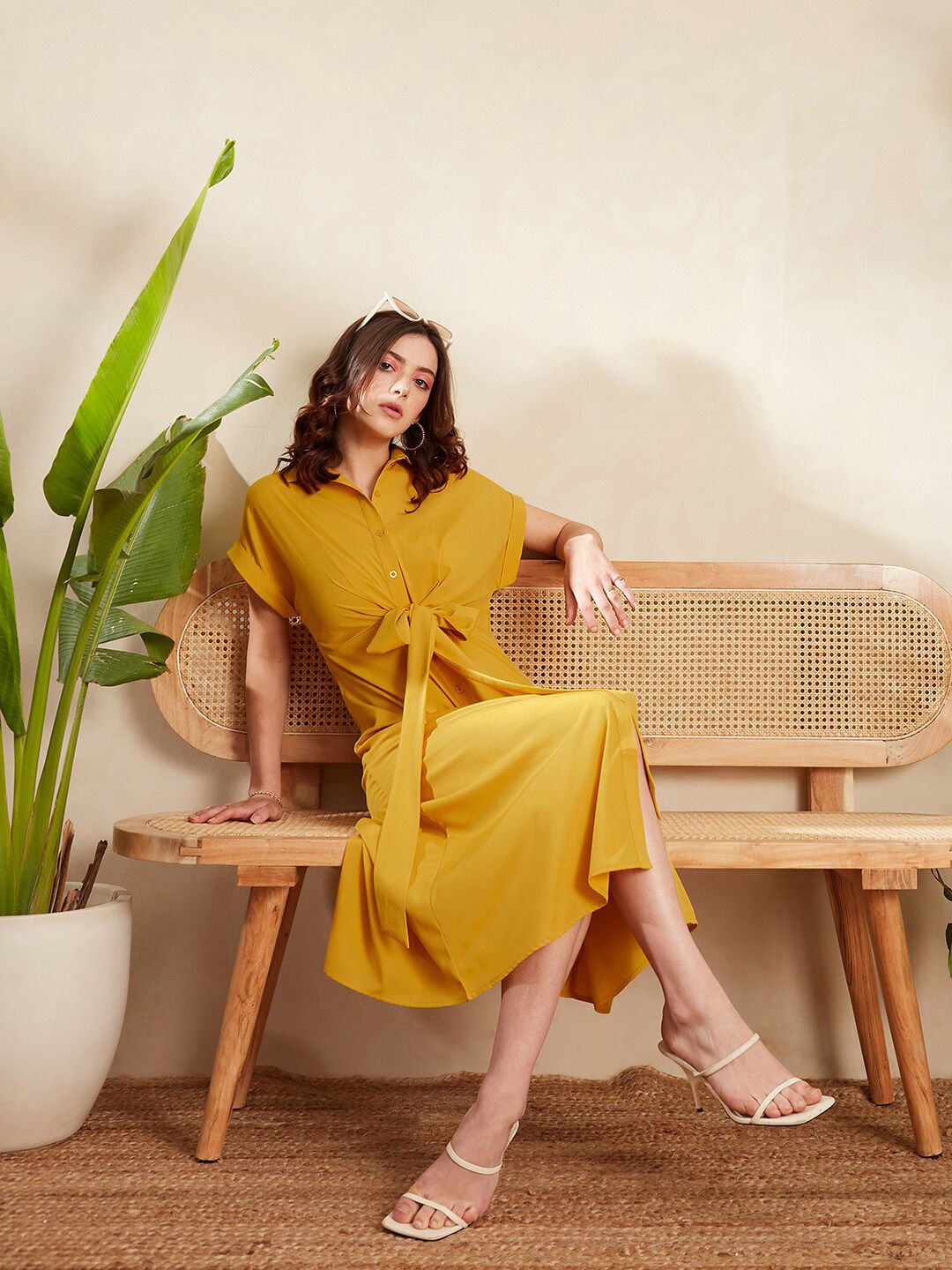 Berrylush Mustard Yellow Shirt Collar Extended Sleeves Tie-Up Detailed Midi Shirt Dress