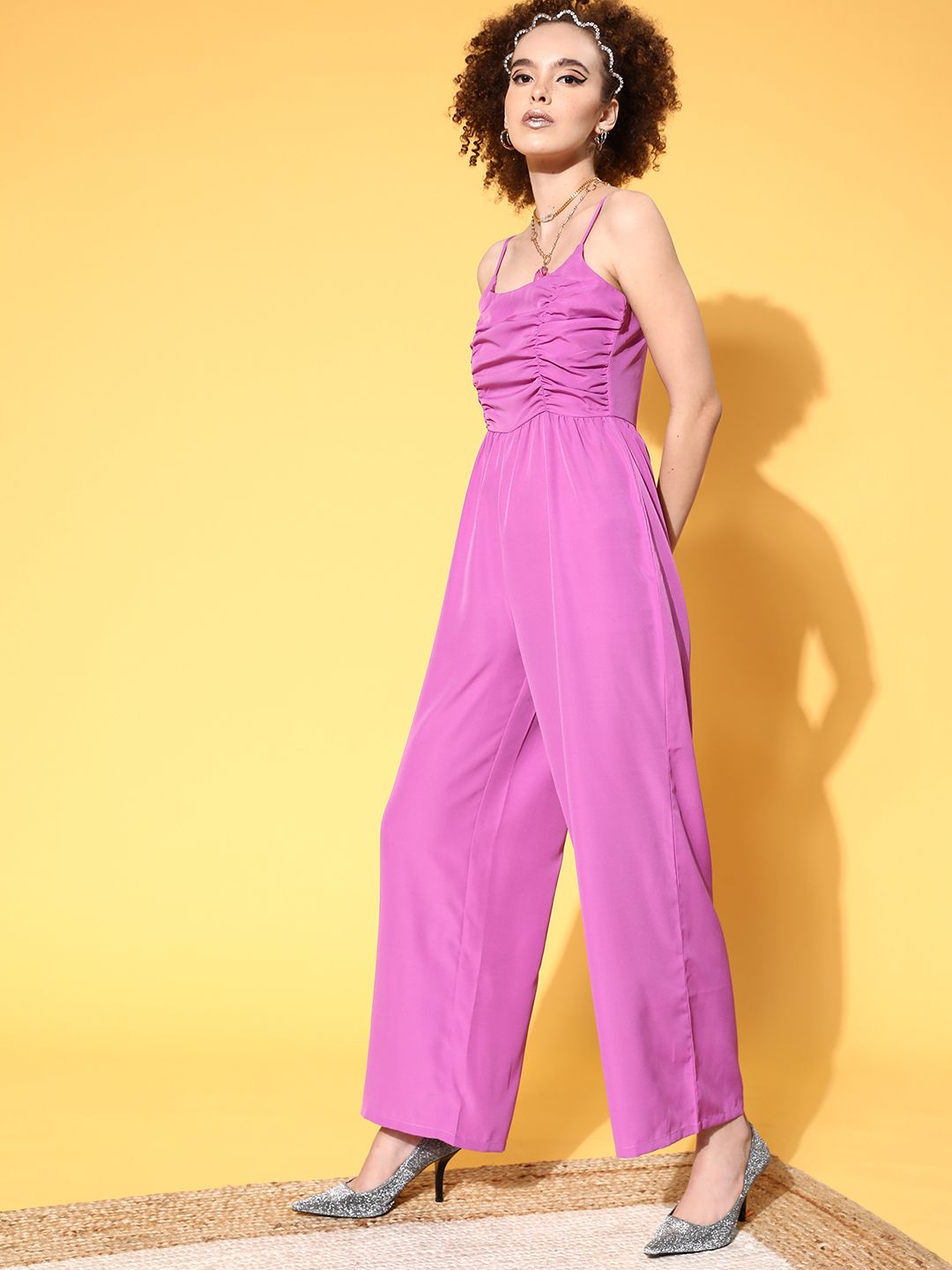 Berrylush Women Lavender Solid Ruched Basic Jumpsuit