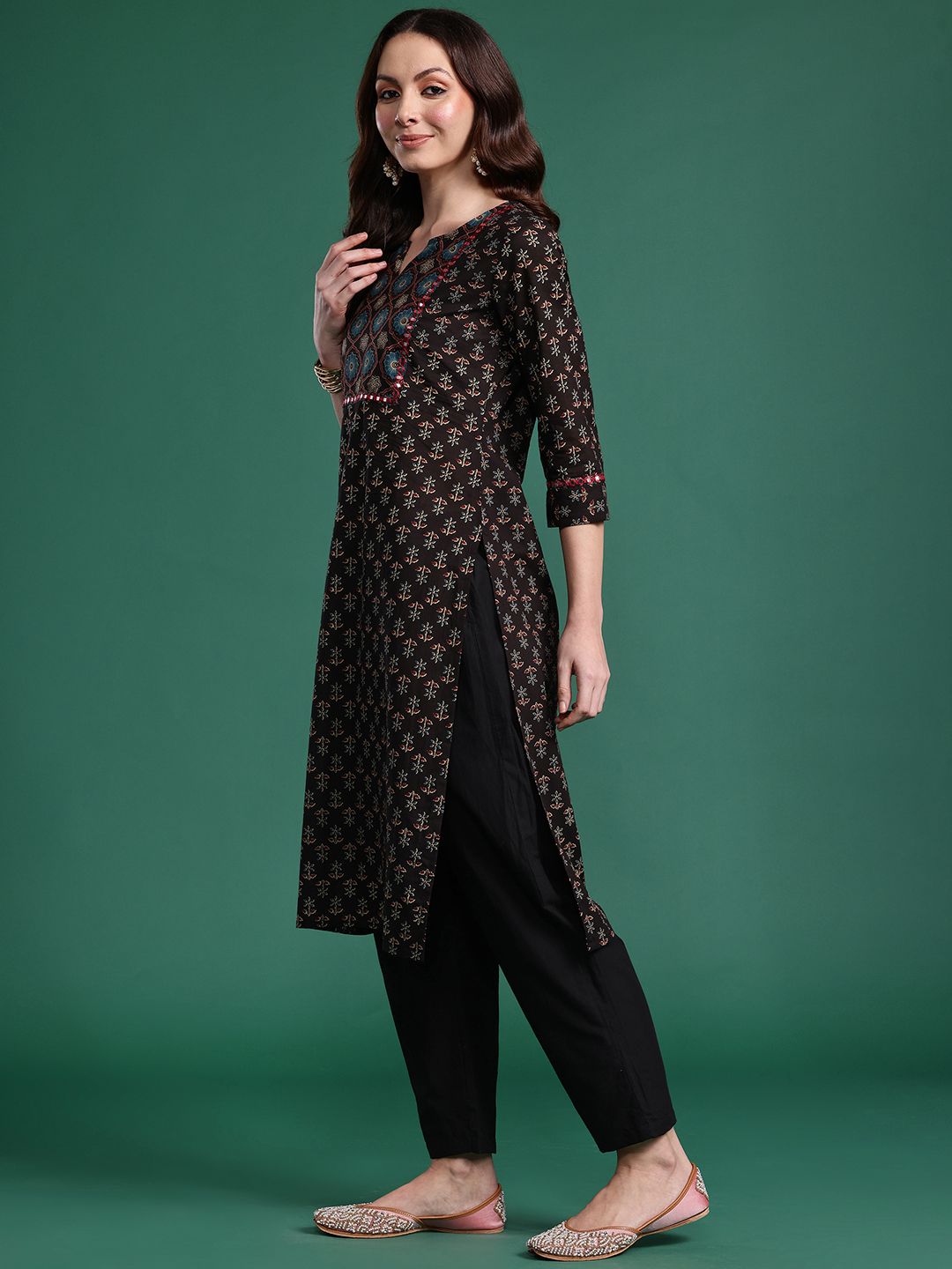 Indo Era Women Floral Printed Mirror Work Pure Cotton Kurta