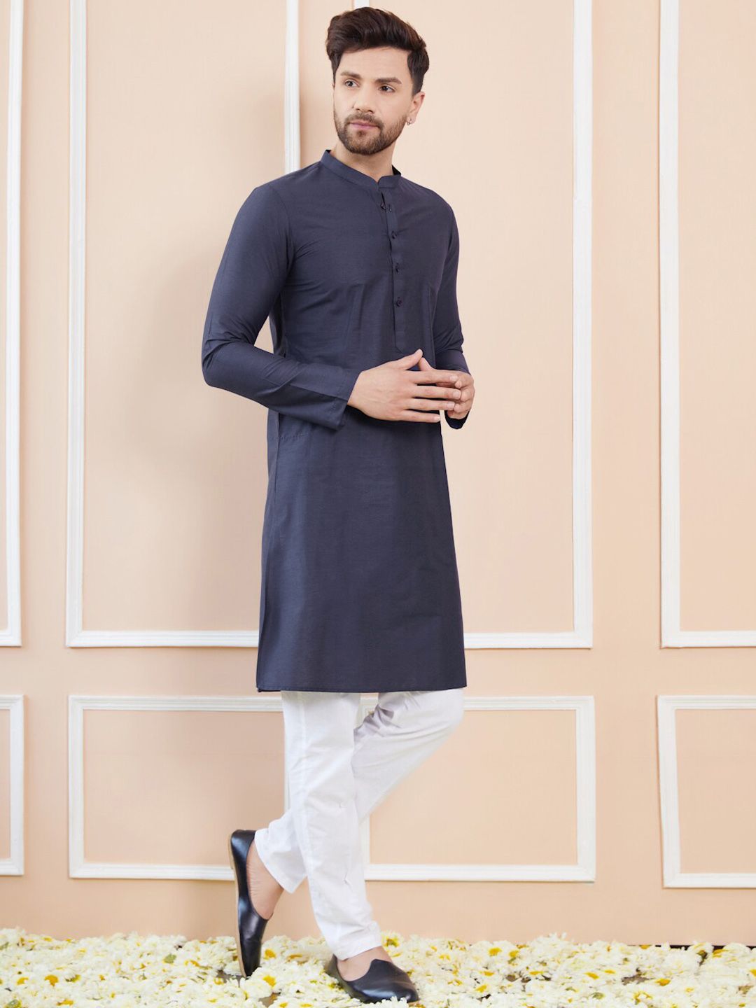 See Designs Mandarin Collar Long Sleeves Pure Cotton Straight Kurta