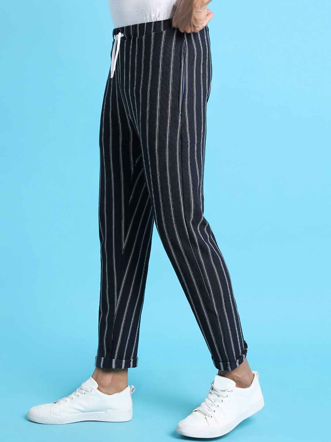 Campus Sutra Men Navy Blue Striped Printed Track Pants
