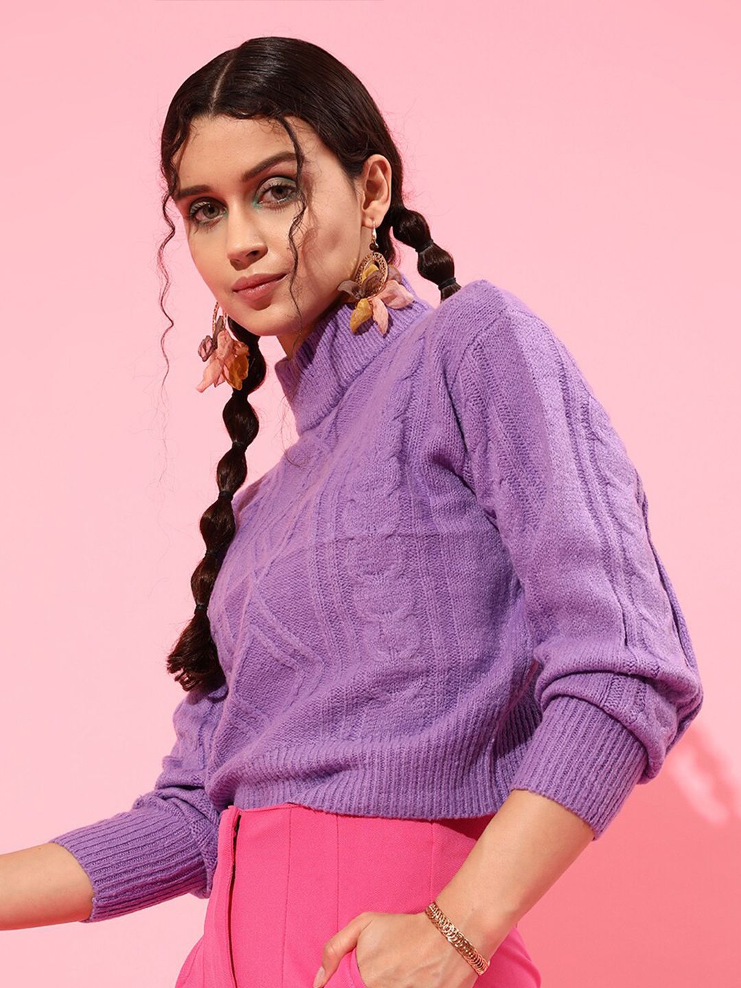STREET 9 Women Purple Cable Knit Acrylic Pullover