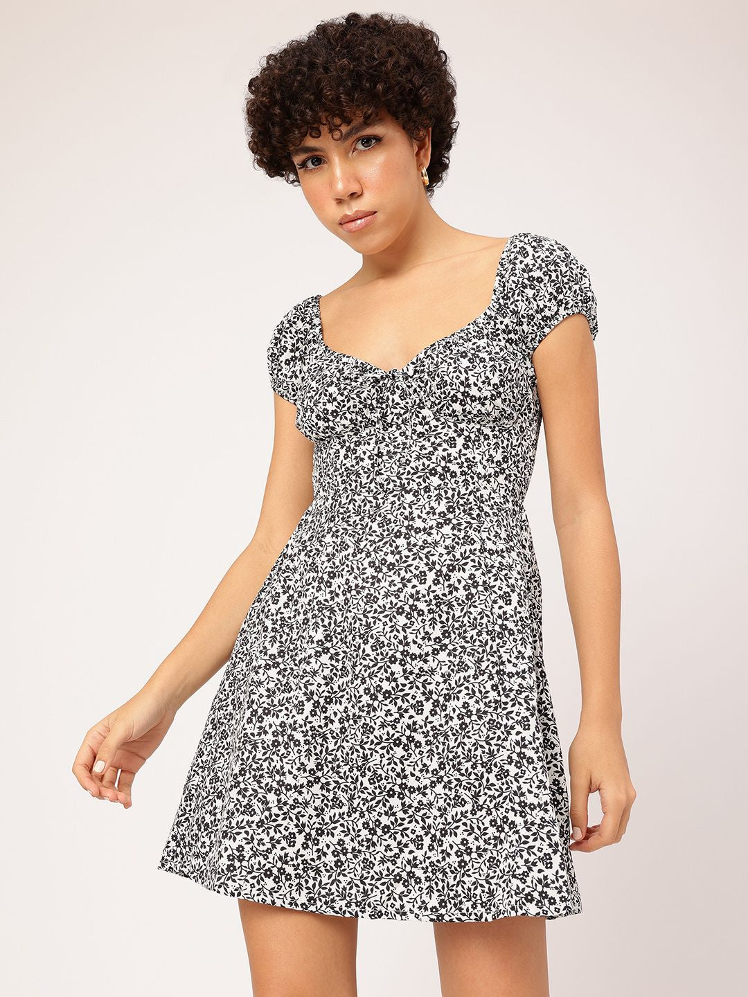 DressBerry Monochrome Magic Floral Smocked Mini Dress