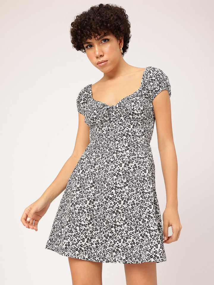 DressBerry Monochrome Magic Floral Smocked Mini Dress